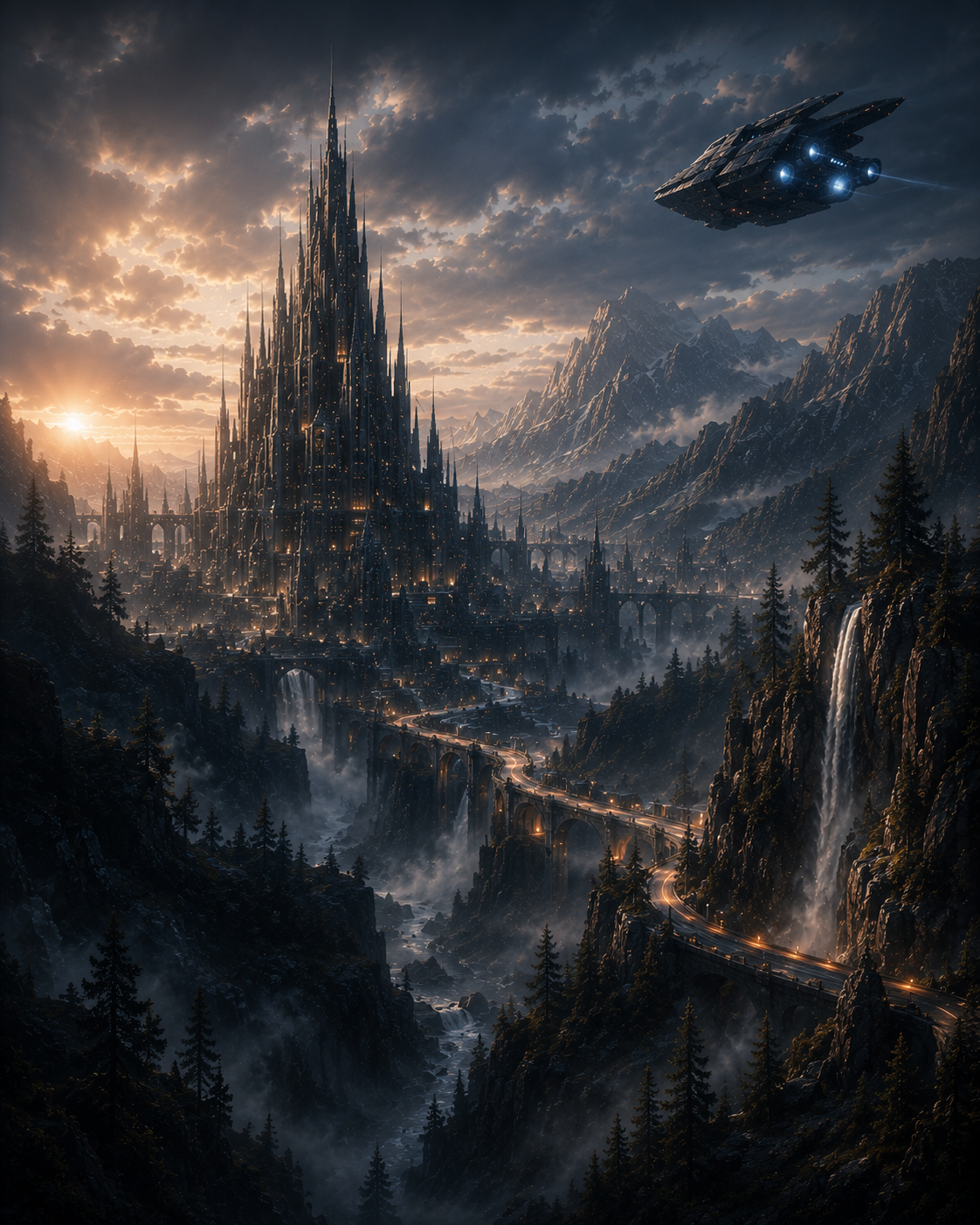 Futuristic city beneath storm clouds and a hovering spacecraft