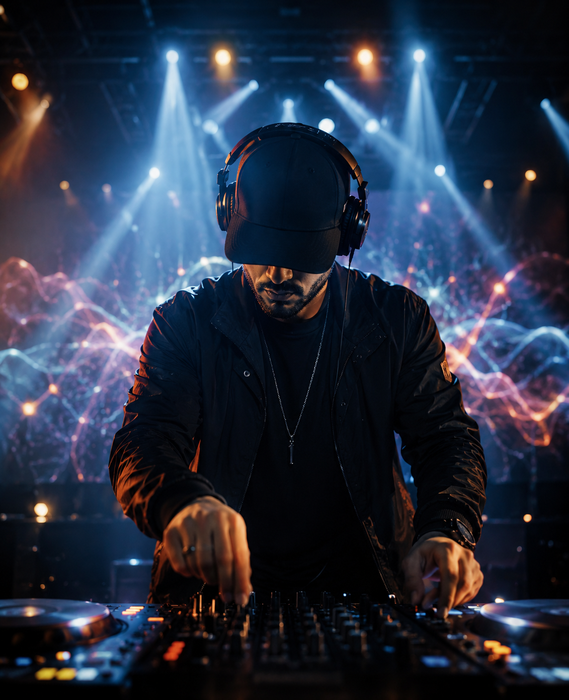 DJ performing under cinematic stage lighting
