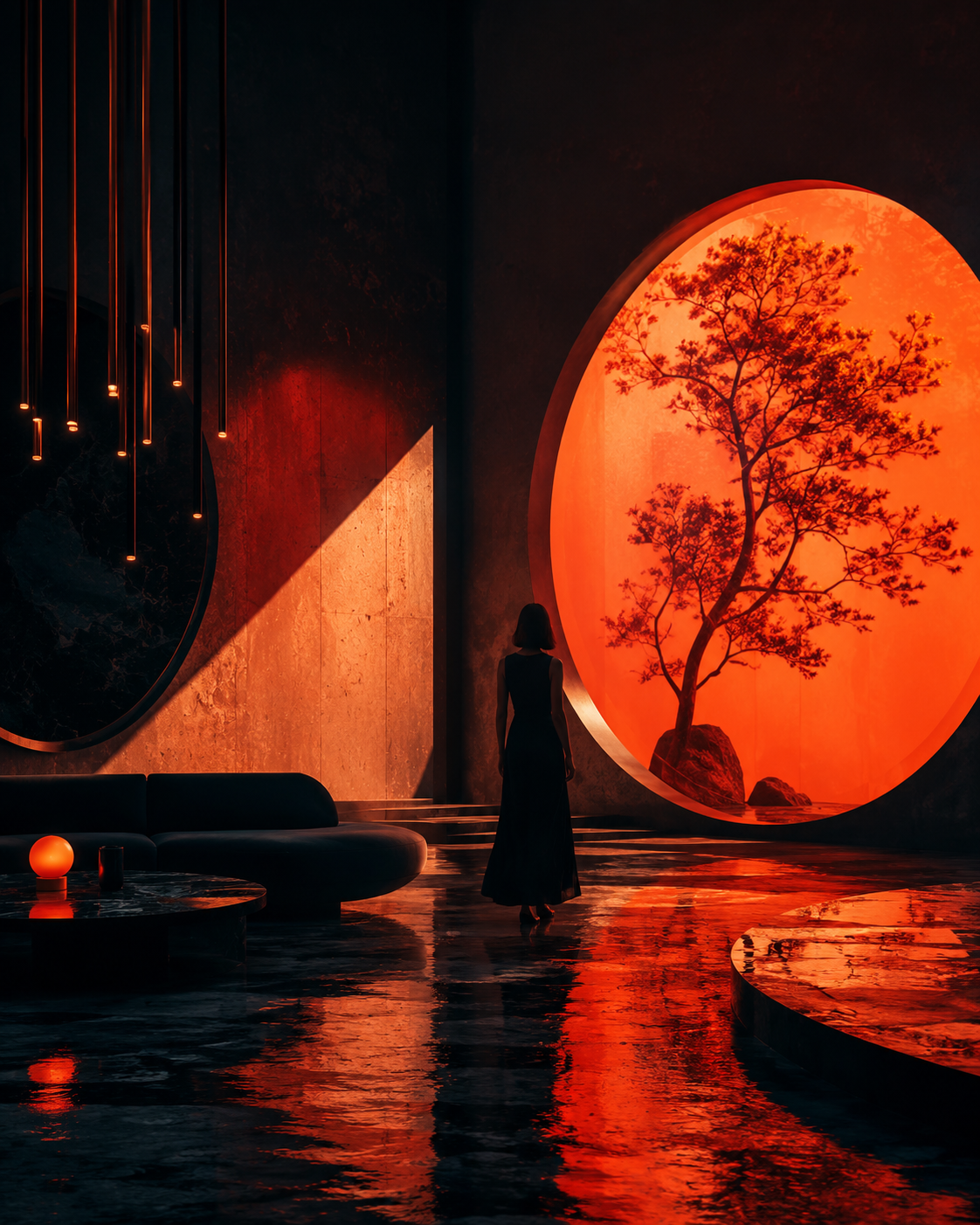 Silhouetted woman facing a glowing orange portal and tree