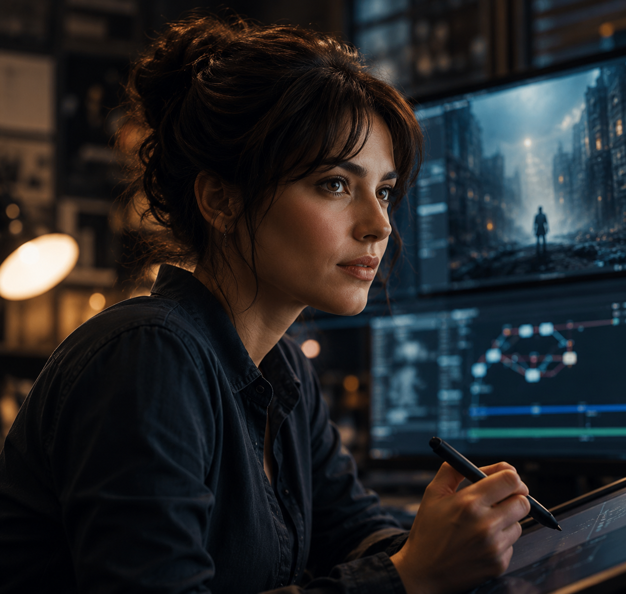 Visual effects artist reviewing a composited performance shot