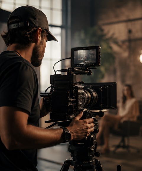 Camera operator filming a cinematic scene on a studio set