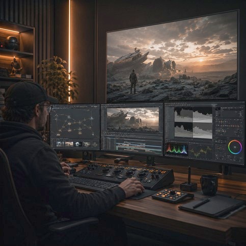 Visual effects artist compositing a cinematic scene at a workstation